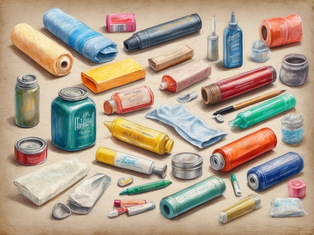 Auf dem Bild sind verschiedene Hygieneprodukte und Behälter zu sehen. Es gibt farbige Tuben, Dosen, Flaschen und Packungen, die wahrscheinlich für Pflege- und Reinigungszwecke verwendet werden. Dazu zählen möglicherweise Cremes, Sprays, Seifen und andere Produkte, die in der Kosmetik- und Hygieneindustrie üblich sind. Die Anordnung der Objekte ist vielfältig und zeigt eine bunte Mischung aus unterschiedlichen Verpackungen.
