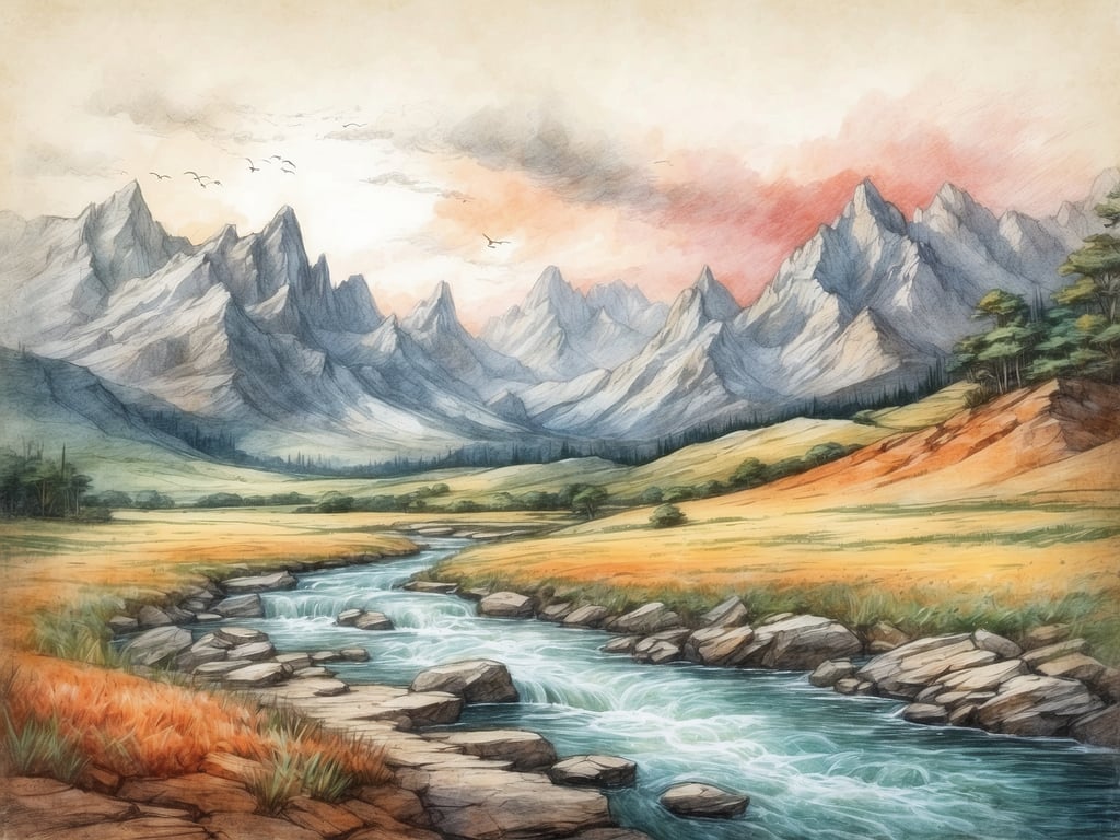 Auf dem Bild ist die atemberaubende Natur zu sehen. Es zeigt majestätische Berge, die von sanften Hügeln und einem klaren Fluss umgeben sind. Die Felsen am Ufer und die Wildnis im Hintergrund verleihen der Szene eine ruhige, malerische Atmosphäre. Die Farben des Himmels und der Landschaft schaffen eine harmonische und friedliche Stimmung.
