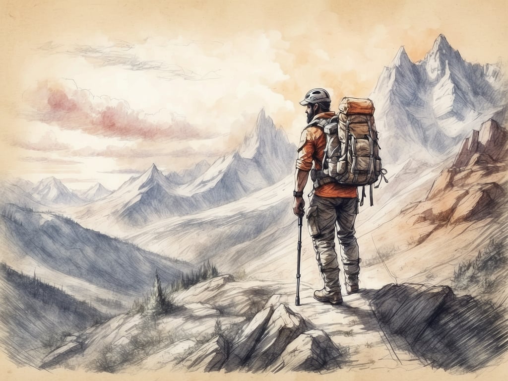 Auf dem Bild ist ein Wanderer zu sehen, der auf einem Gipfel steht und die beeindruckende Berglandschaft betrachtet. Er trägt einen Rucksack und eine Kletterausrüstung, was darauf hindeutet, dass er auf einer abenteuerlichen Wanderung oder Bergtour ist. Die umliegenden Berge und die malerische Aussicht laden zu weiteren Erkundungen ein. Solche Outdoor-Aktivitäten bieten die Möglichkeit, die Natur hautnah zu erleben und spannende Herausforderungen zu meistern.