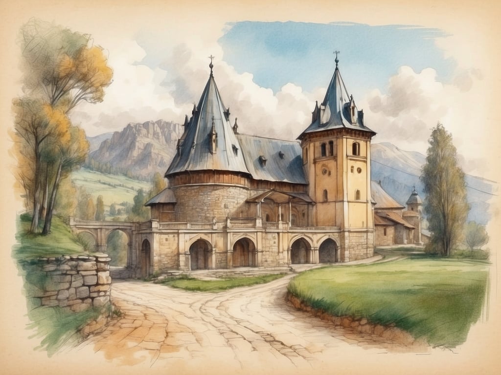 Auf dem Bild ist eine malerische Ansicht eines historischen Gebäudes zu sehen, das architektonische Merkmale aufweist, die oft in der Karpatenregion zu finden sind. Dieses Gebiet ist bekannt für seine reiche Kultur und Geschichte, die von verschiedenen Kulturen und Völkern, darunter Slawen, Ungarn und Rumänen, geprägt wurde.

Das abgebildete Gebäude könnte eine Kirche oder ein Kloster sein, was in der Region verbreitet ist. Diese Bauwerke sind häufig charakterisiert durch markante Türme, verzierte Fassaden und eine enge Verbindung zur umgebenden Natur, die die spirituelle und kulturelle Bedeutung der Orte unterstreicht.

Die Karpatenregion ist nicht nur für ihre beeindruckende Architektur bekannt, sondern auch für ihre atemberaubende Landschaft, die Berge und Wälder umfasst. Diese geografischen Gegebenheiten haben die Kultur und die Traditionen der Menschen dort stark beeinflusst, was sich in der Kunst, der Architektur und den Bräuchen wiederfindet.