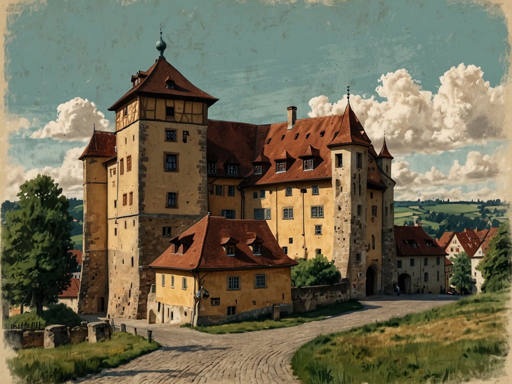 Auf dem Bild ist eine malerische mittelalterliche Architektur zu sehen, die an Rothenburg ob der Tauber erinnert. Die Szene zeigt ein Gebäude mit mehreren Türmen und markanten Giebeldächern, das auf einer geschwungenen Straße steht. Umgeben von sanften Hügeln und Bäumen strahlt die gesamte Szenerie eine nostalgische Atmosphäre aus, die den Betrachter in vergangene Zeiten versetzt. Rothenburg ob der Tauber ist bekannt für seine gut erhaltenen mittelalterlichen Strukturen und charmanten Gassen, was das Bild perfekt einfängt.
