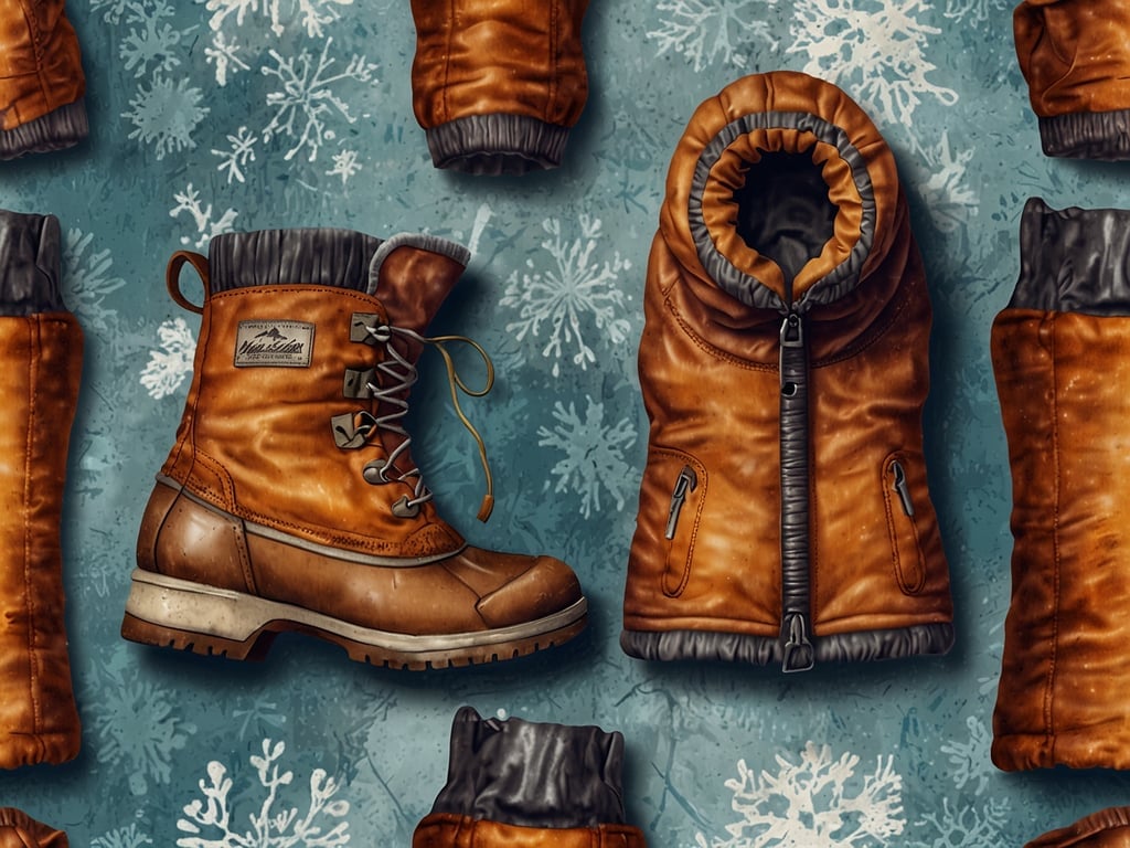 Auf dem Bild sind praktische Ausrüstungsgegenstände für den Winter zu sehen. Dazu gehören warme, braune Winterstiefel und eine gefütterte Winterjacke. Die Stiefel sind schnürbar und haben eine rutschfeste Sohle, ideal für glatte, schneebedeckte Oberflächen. Die Jacke ist ebenfalls für kaltes Wetter geeignet, mit einem hohen Kragen, der zusätzlichen Schutz vor Kälte bietet. Der Hintergrund zeigt Schneeflocken, was die winterliche Atmosphäre unterstreicht.