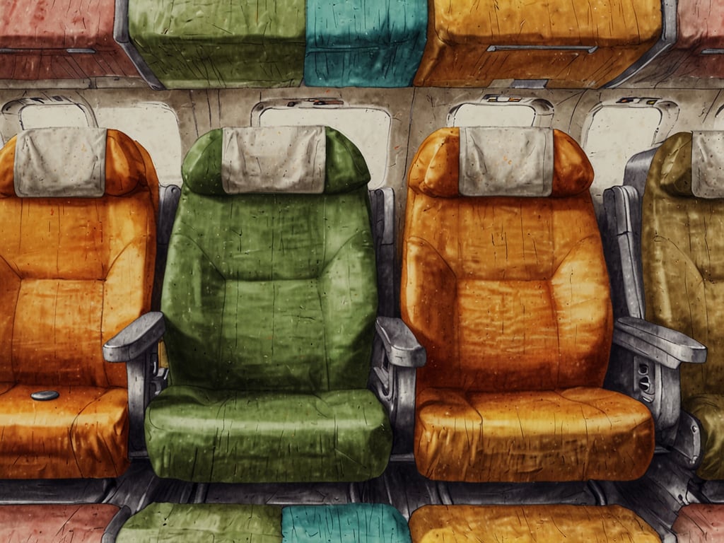 Auf dem Bild sind mehrere Sitze in einem Flugzeug zu sehen. Die Sitze sind in verschiedenen Farben, darunter orange, grün und braun. Sie scheinen eine abgenutzte Textur zu haben und sind mit Kopfstützen ausgestattet. Im Hintergrund sind Fenster des Flugzeugs sichtbar.