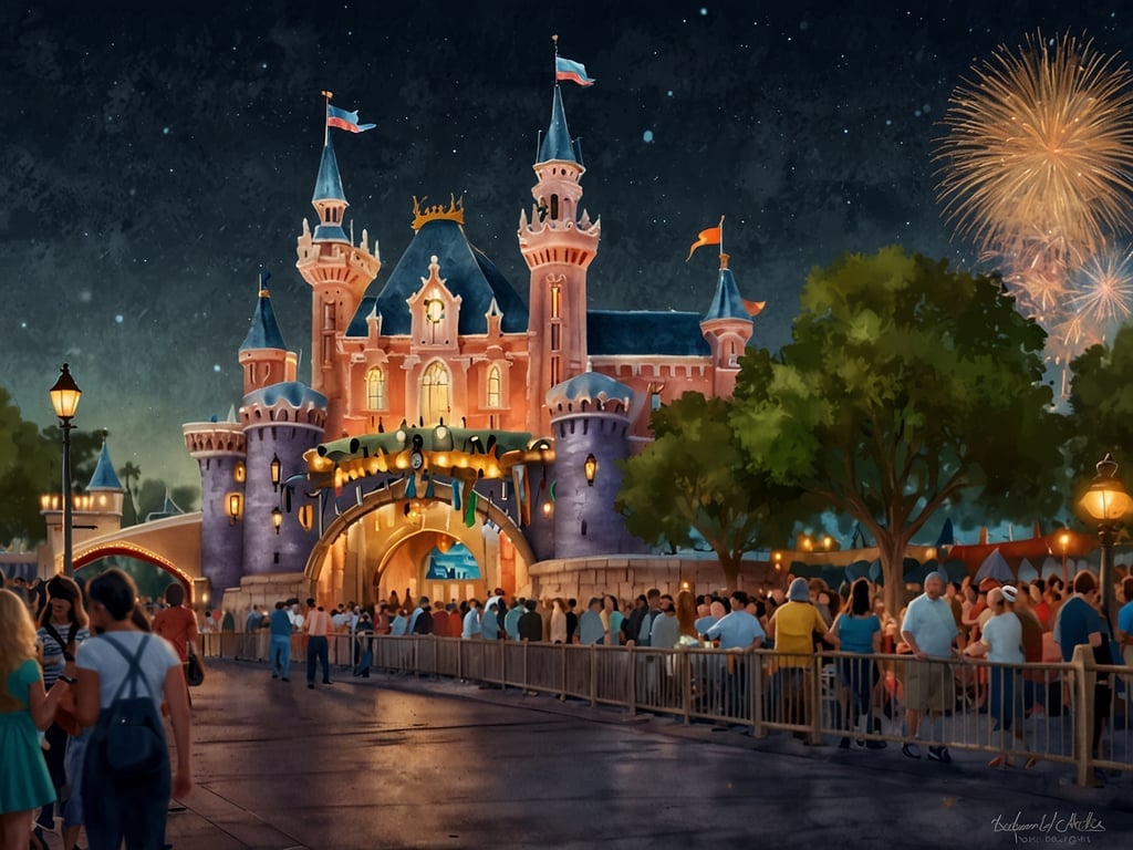 Auf dem Bild ist eine nächtliche Szene von Disneyland zu sehen, mit einem prachtvollen Schloss im Hintergrund, das von Lichtern und Feuerwerk umgeben ist. Vor dem Schloss versammeln sich viele Menschen, die auf den Eintritt warten. Das Bild vermittelt eine festliche Atmosphäre, die auf das bevorstehende 70-jährige Jubiläum von Disneyland hinweist. In diesem Zusammenhang könnten im Jahr 2025 besondere Veranstaltungen und Feierlichkeiten stattfinden, um diese bedeutende Marke zu würdigen. Man darf sich auf zahlreiche Events und Attraktionen freuen, die den Besuchern ein unvergessliches Erlebnis bieten werden.
