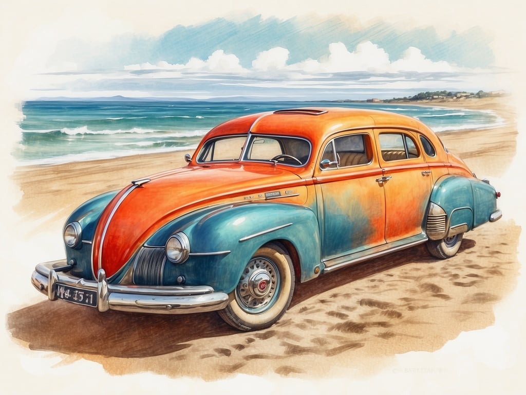 Auf dem Bild ist ein klassisches, farbenfrohes Auto zu sehen, das an einem Strand steht. Die Farben Orange und Blau verleihen dem Fahrzeug ein nostalgisches Flair. Der Hintergrund zeigt eine malerische Küstenlandschaft mit dem Meer und einer bewölkten Himmel. 

Diese Szenerie könnte gut zu einem Themenbereich wie „Vintage-Roadtrip“ oder „Küstenabenteuer“ passen. Die Kombination aus dem Auto und dem Strand vermittelt das Gefühl von Freiheit und Urlaub, was für Attraktionen in Vergnügungsparks oder Naturerlebnisse charakteristisch ist.