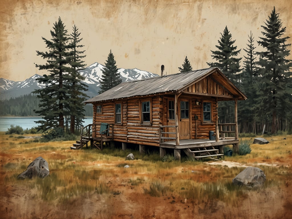 Auf dem Bild ist eine gemütliche Holzhütte zu sehen, die auf einem erhöhten Bereich steht. Die Hütte hat eine Veranda und große Fenster. Umgeben ist sie von grünen Bäumen und einer idyllischen Landschaft mit Bergen im Hintergrund. Der Boden ist mit Gras und einigen Steinen bedeckt, und im Hintergrund ist ein ruhiger See zu erkennen.