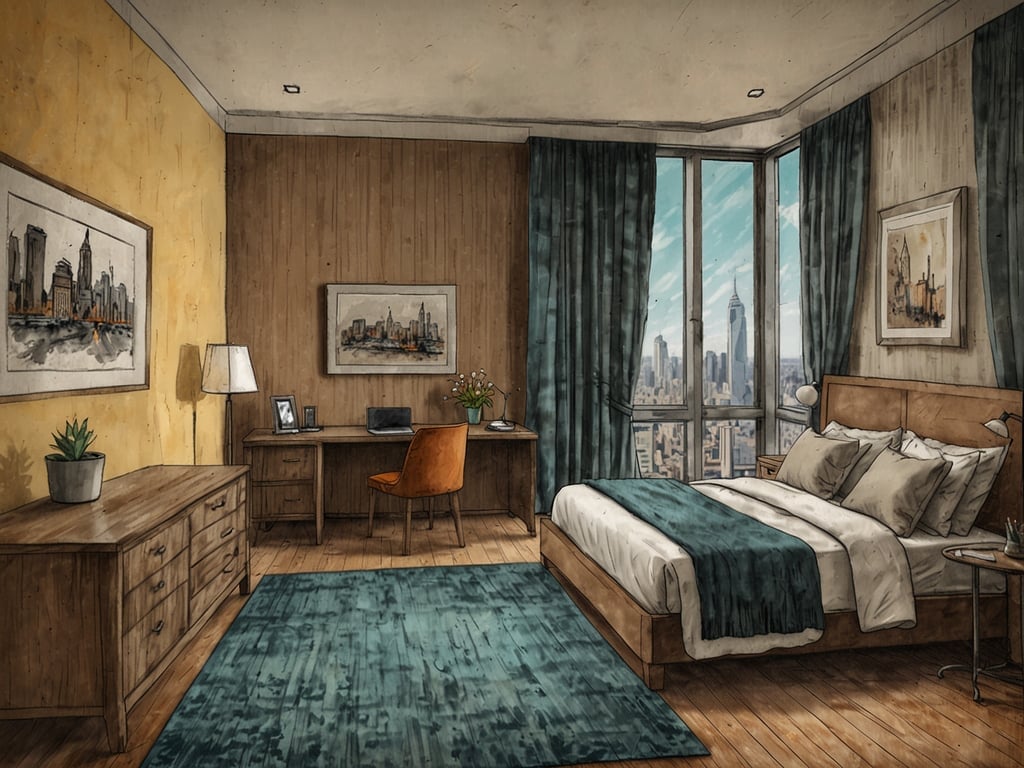 Auf dem Bild ist ein stilvolles Doppelzimmer zu sehen. Es gibt ein großes Bett mit mehreren Kissen und einer Decke, die in verschiedenen Farbtönen gehalten ist. Neben dem Bett steht ein Nachttisch. An der Wand sind Bilder hängend, und es gibt einen Schreibtisch mit einem Computer und einem Stuhl. Große Fenster bieten einen Blick auf die Stadtlandschaft, und der Raum hat eine freundliche, warme Farbgebung. Ein Teppich und eine Pflanze sorgen für zusätzlichen Komfort.