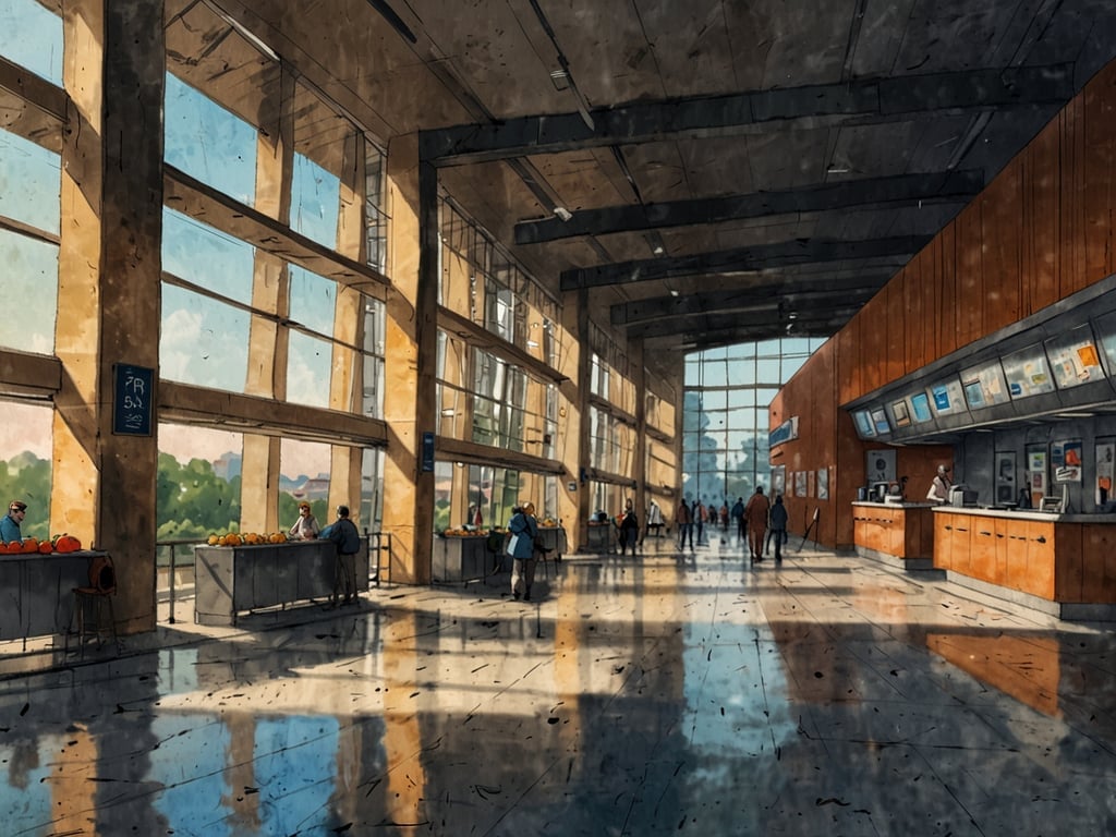 Auf dem Bild ist eine helle und geräumige Empfangshalle zu sehen, die durch große Fenster viel Licht erhält. Die Wände sind aus Beton und Holz, was eine moderne Atmosphäre schafft. An der linken Seite gibt es Verkaufsstände mit frischem Obst, und im Hintergrund sieht man eine Theke, an der man Informationen oder Tickets bekommen kann. Viele Menschen bewegen sich durch den Raum, was auf eine belebte Umgebung hindeutet. 

Diese Art von Platz wäre ideal für Reisende, da die große Fensterfront einen beeindruckenden Ausblick bietet und die einladende Atmosphäre zum Entspannen und Informieren einlädt, während man auf die nächste Reise wartet.