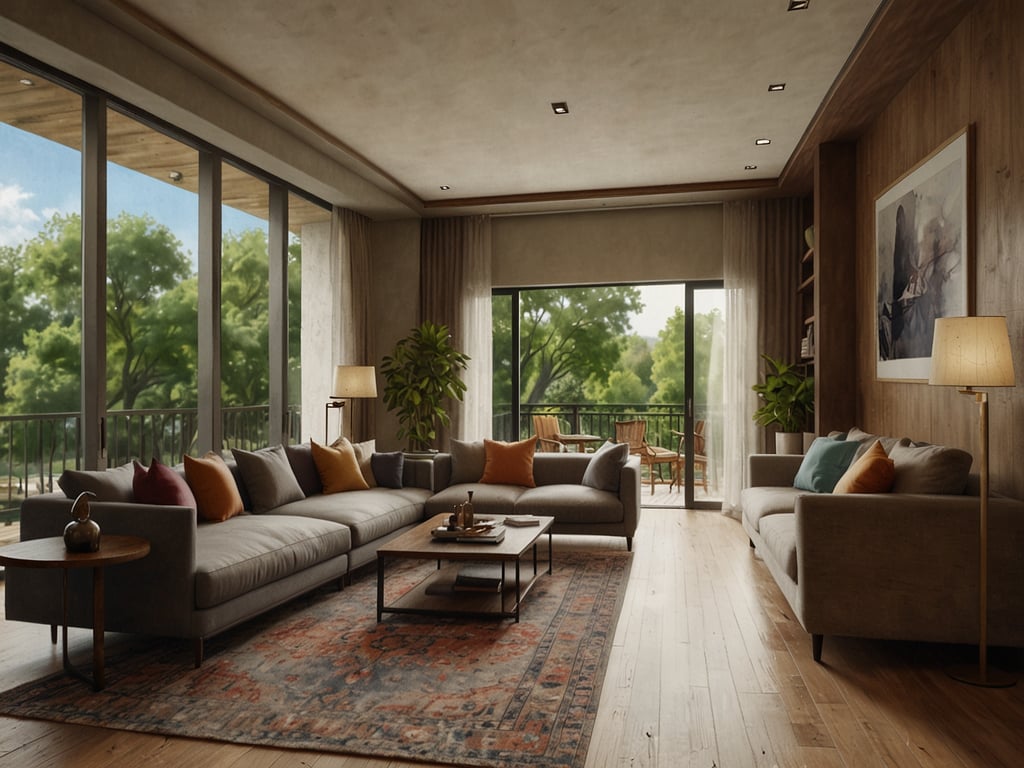 Auf dem Bild ist ein ansprechendes Wohnzimmer zu sehen, das eine schöne Atmosphäre ausstrahlt. Große Fenster lassen viel Tageslicht herein und bieten einen Blick auf die grüne Umgebung. Die Einrichtung besteht aus einem gemütlichen Sofa mit bunten Kissen und einem eleganten Couchtisch auf einem stilvollen Teppich. Pflanzenelemente und sanfte Beleuchtung schaffen eine einladende und entspannte Stimmung. Die Holzdetails und die warmen Farben verleihen dem Raum einen harmonischen Charakter.