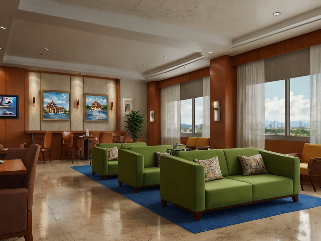 Auf dem Bild ist ein modernes und einladendes Wohnzimmer oder eine Lounge zu sehen. Die Einrichtung besteht aus mehreren bequemen, grünen Sofas und Stühlen, die um Tische gruppiert sind. An den Wänden hängen einige farbenfrohe Bilder, und große Fenster sorgen für viel natürliches Licht und einen weiten Blick nach draußen.

Gäste könnten die gemütliche Atmosphäre und das ansprechende Design loben. Bewertungen könnten darauf hinweisen, dass dieser Raum perfekt für Entspannung oder informelle Treffen geeignet ist. Viele wären wahrscheinlich begeistert von der modernen und zugleich einladenden Gestaltung, die ein Gefühl von Ruhe und Komfort vermittelt. Einige könnten auch die Nähe zur Natur schätzen, die durch die großen Fenster verstärkt wird.