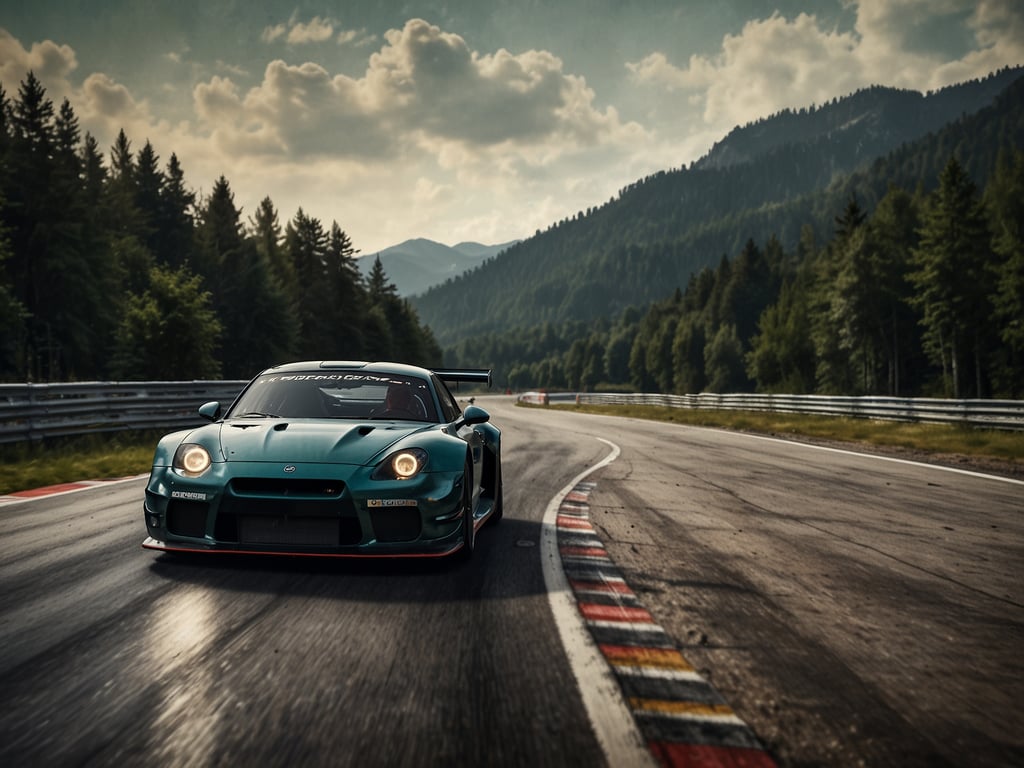 Auf dem Bild ist ein sportliches Auto zu sehen, das auf einer Rennstrecke fährt. Die Szenerie ist von einer malerischen Landschaft mit Bergen und Wäldern umgeben. Diese Umgebung erinnert an die Toplage am Nürburgring – ein absoluter Hotspot für Motorsport-Enthusiasten. Die Kombination aus leistungsstarkem Fahrzeug und atemberaubender Natur schafft eine aufregende Atmosphäre.