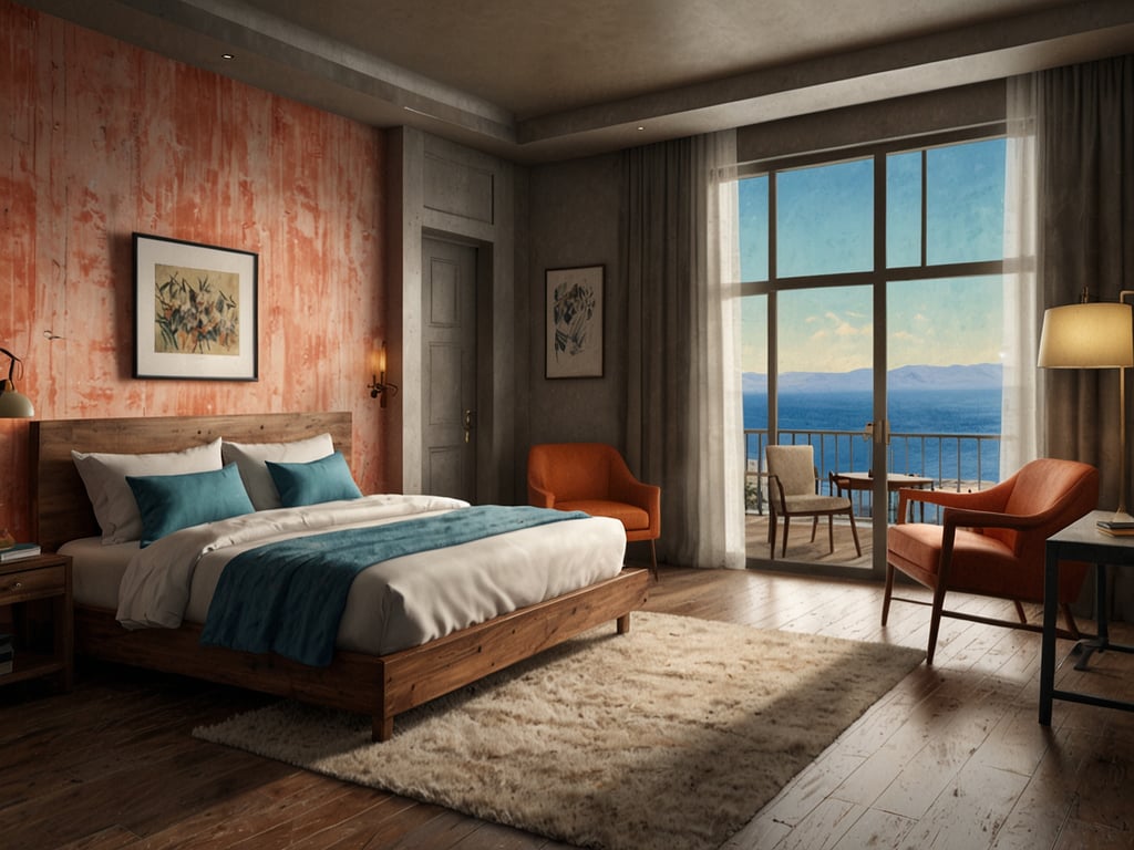 Auf dem Bild ist ein komfortables Zimmer zu sehen, das für jeden Anspruch geeignet ist. Es gibt ein modern gestaltetes Schlafzimmer mit einem großen Bett, das mit Kissen und einer Decke in sanften Blautönen ausgestattet ist. Die Wände sind in einem warmen Korallton gestrichen, und an den Wänden hängen Kunstwerke. 

Zusätzlich gibt es einen gemütlichen Wohnbereich mit zwei orangefarbenen Stühlen und einem Tisch, der eine schöne Aussicht auf das Meer bietet. Große Fenster lassen viel Licht herein und ermöglichen den Blick nach draußen. Der Boden ist aus Holz, und ein weicher Teppich liegt im Raum. Insgesamt vermittelt der Raum eine einladende und entspannende Atmosphäre.