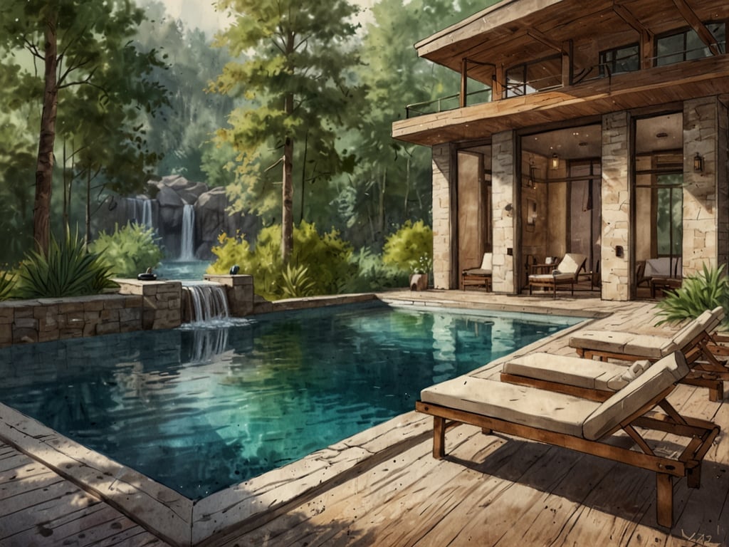 Auf dem Bild ist ein schöner Außenbereich mit einem Pool zu sehen, umgeben von einer grünen, natürlichen Landschaft. Die sanften Geräusche eines Wasserfalls im Hintergrund tragen zur entspannenden Atmosphäre bei. 

Für die perfekte Auszeit könnte man hier verschiedene Wellness- und Freizeitmöglichkeiten genießen, wie zum Beispiel:

- **Entspannendes Schwimmen** im klaren Wasser des Pools.
- **Sonnenbaden** auf den bequemen Liegen, ideal zum Entspannen und Auftanken.
- **Gesunde Smoothies oder erfrischende Getränke** auf der Terrasse genießen, während man die Natur betrachtet.
- **Meditation oder Yoga** am Rand des Pools, um Körper und Geist in Einklang zu bringen.
- **Wanderungen** in der Umgebung, um die frische Luft und die Natur zu erleben.

Ein Ort wie dieser bietet die perfekte Kulisse für Erholung und Regeneration.