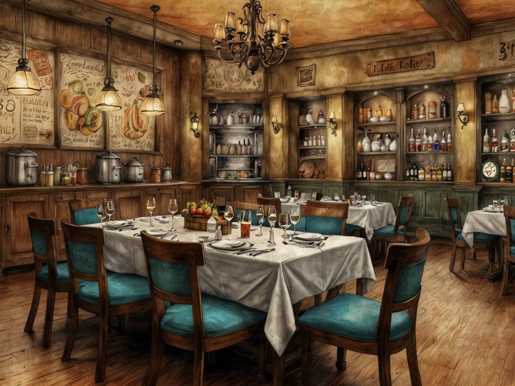 Auf dem Bild ist ein gemütliches Restaurant zu sehen, das eine einladende Atmosphäre ausstrahlt. Die Tische sind elegant gedeckt, und eine Vielzahl an Gläsern sorgt für eine festliche Stimmung. Im Hintergrund gibt es eine Küche mit verschiedenen Ausstattungen und Dekorationen, die den kulinarischen Fokus des Ortes unterstreichen. 

Im Dorint können Gäste ähnliche kulinarische Erlebnisse genießen, indem sie regionale und internationale Spezialitäten in stilvollem Ambiente probieren. Die Kombination aus ansprechendem Design und hochwertigem Essen macht jeden Besuch zu einem besonderen Erlebnis – ob beim Frühstück, Mittag- oder Abendessen. Die sorgfältige Präsentation der Gerichte und die Vielfalt der Getränke ergänzen das Angebot perfekt.