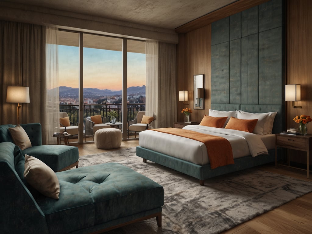 Auf dem Bild ist ein elegantes Hotelzimmer zu sehen, das durch modernsten Komfort und stilvolle Ausstattung besticht. Die Wände sind mit warmen Holzverkleidungen gestaltet, während ein großes Fenster für viel Tageslicht sorgt und einen schönen Ausblick auf die Landschaft bietet. 

Das Zimmer ist mit einem komfortablen Kingsize-Bett ausgestattet, das mit hochwertigen Bettwäsche und Kissen dekoriert ist. An den Wänden befinden sich stilvolle Nachttische mit Lampen und kleinen Blumenarrangements, die eine gemütliche Atmosphäre schaffen. 

Die Sitzecke besteht aus einem luxuriösen Sofa und einem Hocker, perfekt zum Entspannen. Ein kleiner Tisch lädt dazu ein, Getränke oder Snacks zu genießen. Der elegante Teppich auf dem Holzfußboden ergänzt die geschmackvolle Einrichtung des Zimmers. 

Insgesamt strahlt das Zimmer eine ruhige und einladende Atmosphäre aus, ideal für einen erholsamen Aufenthalt.