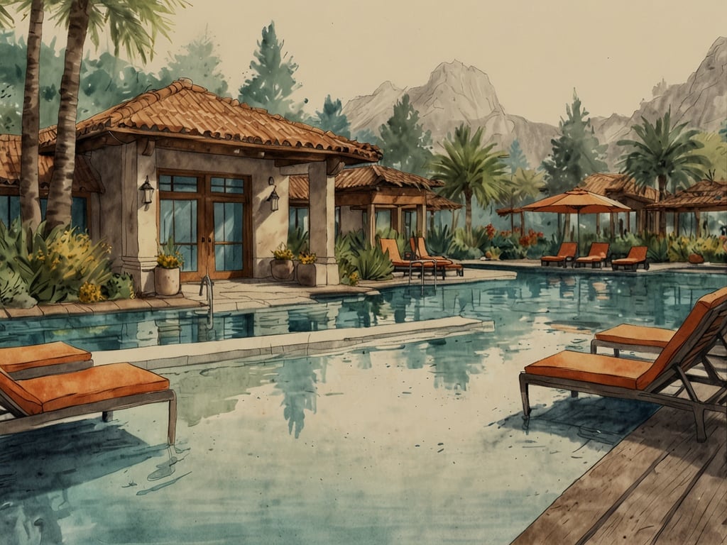 Auf dem Bild ist ein einladender Außenbereich mit einem Pool zu sehen, umgeben von Palmen und üppiger Vegetation. Die Architektur erinnert an ein entspannendes Resort, das Gästen verschiedene Wellness- und Freizeitangebote bereitstellt. 

Es gibt gemütliche Liegen am Pool, die perfekt sind für Sonnenbäder und Entspannung. Zudem könnten Gäste hier Massagen, Yoga-Kurse oder Spa-Behandlungen genießen, während die malerische Umgebung eine ruhige Atmosphäre schafft. Weitere Aktivitäten könnten Schwimmen im Pool, gesunde Snacks und erfrischende Getränke an einer nahegelegenen Bar umfassen.