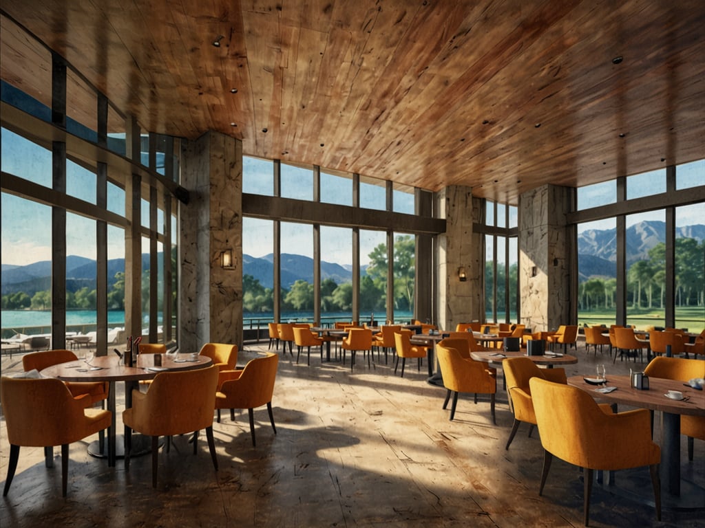 Auf dem Bild ist ein eleganter Veranstaltungsraum zu sehen, der sich ideal für Business-Meetings und Konferenzen eignet. Der Innenraum verfügt über große Fenster, die viel Tageslicht hereinlassen und einen herrlichen Blick auf die Natur bieten, was eine inspirierende Atmosphäre schafft. Die orangefarbenen Stühle und die Holzausstattung verleihen dem Raum eine moderne, aber gleichzeitig gemütliche Note. 

Dieser Ort könnte für Networking-Events, Unternehmenspräsentationen oder Schulungen genutzt werden, da er eine angenehme Umgebung schafft, in der die Teilnehmer sich wohlfühlen können. Die Kombination aus designtechnischer Ästhetik und atemberaubendem Ausblick fördert Kreativität und produktive Gespräche.