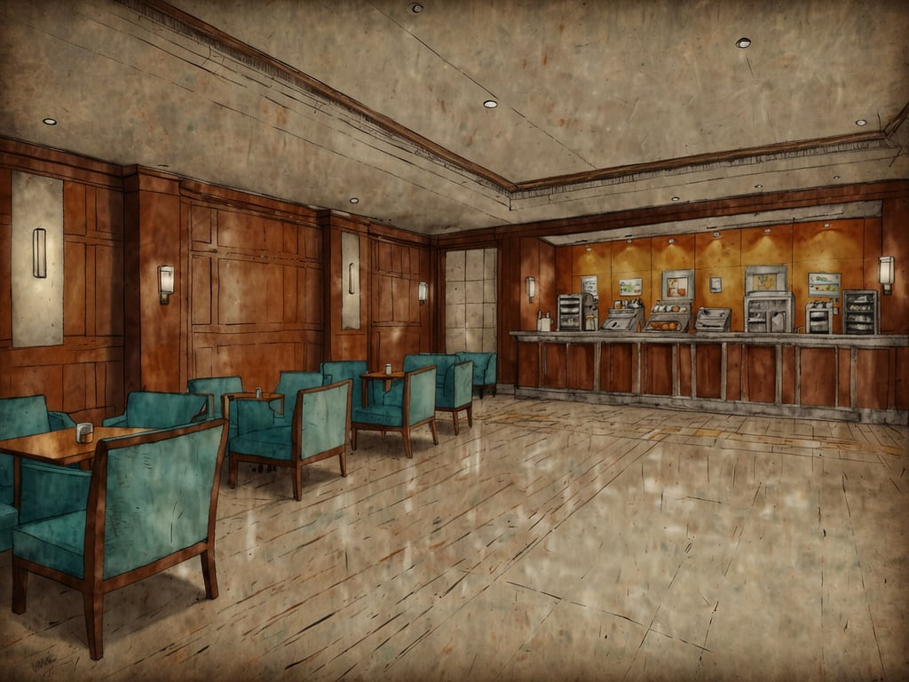 Auf dem Bild ist ein gemütlich gestalteter Raum zu sehen, der an ein Café oder eine Lounge erinnert. Die Wände sind aus Holz, und es gibt mehrere Sitzgelegenheiten mit türkisfarbenen Stühlen und Tischen. Am Ende des Raumes befindet sich eine Theke, auf der verschiedene Speisen und Getränke ausgestellt sind. Die Beleuchtung ist weich und schafft eine einladende Atmosphäre.

Umfassende Serviceleistungen für einen angenehmen Aufenthalt könnten in diesem Raum folgende Aspekte umfassen: freundlicher Service, eine Auswahl an Kaffee und Snacks, eine gemütliche Sitzgelegenheit zum Entspannen und Arbeiten sowie kostenfreies WLAN, um den Gästen ein komfortables und angenehmes Erlebnis zu bieten.