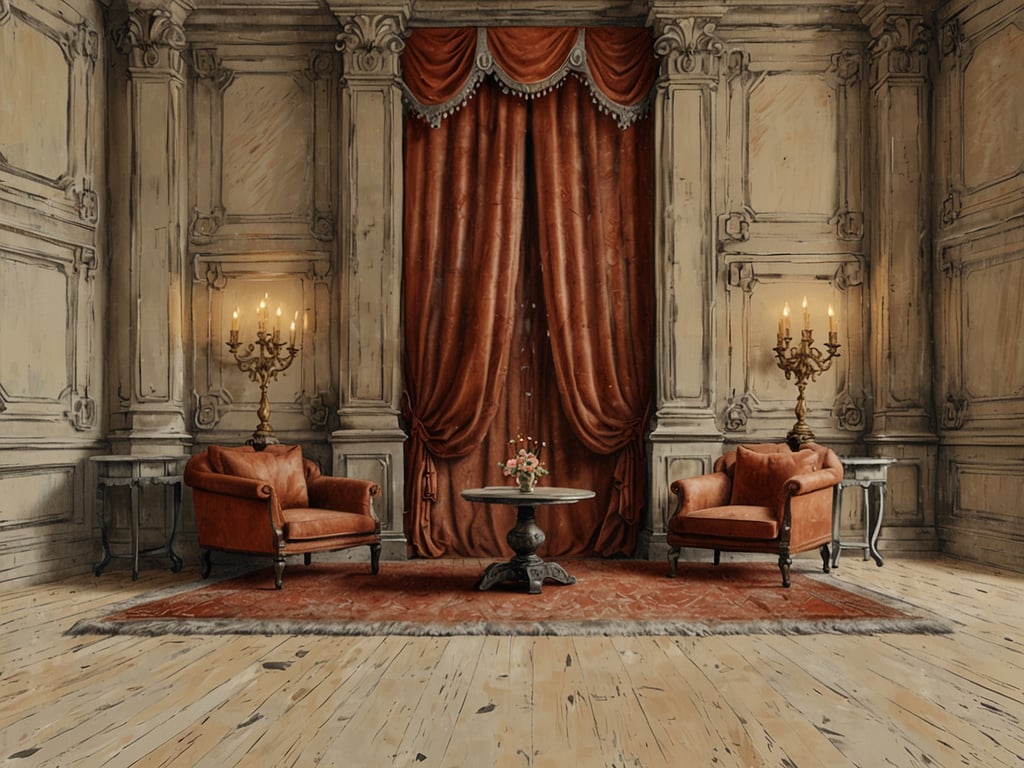 Auf dem Bild ist ein eleganter Raum zu sehen, der von historischem Luxus und Komfort geprägt ist. Die Wände sind kunstvoll gestaltet, während die opulenten roten Vorhänge und die stilvollen Möbel ein Gefühl von Wärme und Gastfreundschaft vermitteln. Die gemütlichen Sessel laden zum Entspannen ein und die feinen Details, wie der elegante Tisch und die schön dekorierte Blumenarrangement, verleihen dem Raum eine edle Atmosphäre. Die vergoldeten Kerzenständer sorgen für ein romantisches Licht und unterstreichen das luxuriöse Ambiente dieses historischen Raumes.
