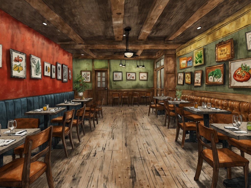 Auf dem Bild ist ein gemütliches Restaurant zu sehen, das eine einladende Atmosphäre ausstrahlt. Die Wände sind in warmen Farben gestaltet, und es hängen zahlreiche gerahmte Bilder mit kulinarischen Motiven. Die Räume sind übersichtlich und bieten mehrere Tische, die für ein gemeinsames Essen gedeckt sind. 

Ein kulinarisches Erlebnis im Dorint könnte hier eine exquisite Auswahl an Speisen umfassen, die mit viel Liebe zum Detail zubereitet werden. Die rustikale Ausstattung und das warme Licht schaffen eine perfekte Umgebung für genussvolle Abende mit Freunden oder der Familie. Die kreative Präsentation der Speisen könnte in diesem stilvollen Ambiente umso mehr zur Geltung kommen.
