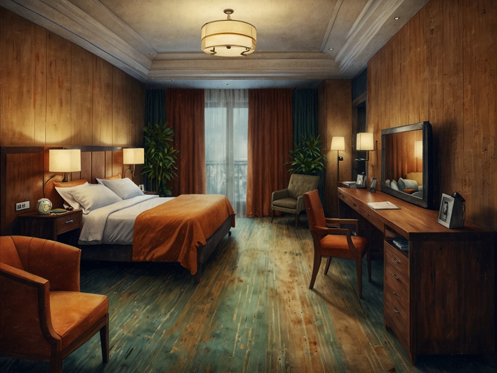 Auf dem Bild sind gemütliche Zimmer und Suiten zu sehen, die für jeden Bedarf geeignet sind. Der Raum verfügt über ein großes Bett mit weißen und orangefarbenen Bettwaren, eine elegante Holzverkleidung an den Wänden und große Fenster, durch die viel Licht einfällt. Es gibt einen Schreibtisch mit einem Stuhl, eine gemütliche Sitzecke und Pflanzen, die eine einladende Atmosphäre schaffen. Die Beleuchtung wirkt warm und beruhigend.