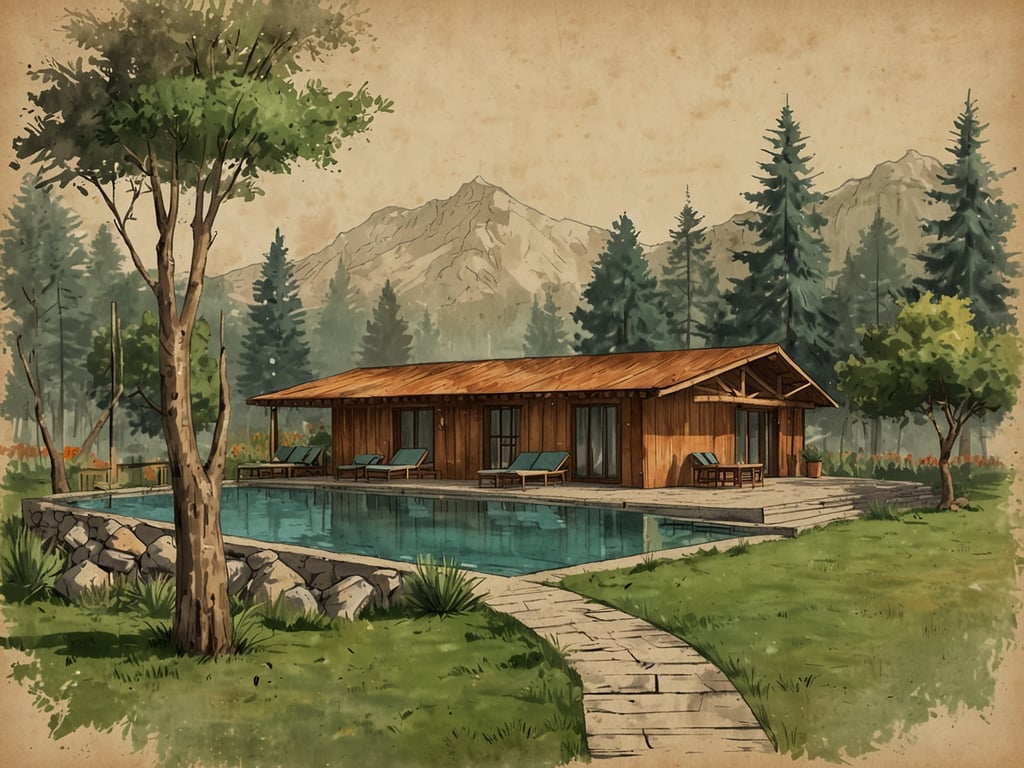 Auf dem Bild ist ein malerisches Holzhaus mit einem Swimmingpool zu sehen, umgeben von einer schönen Naturlandschaft. Die Gegend ist ideal für Wellness- und Freizeitaktivitäten. 

Hier sind einige Optionen für jeden Geschmack:

1. **Entspannung am Pool**: Sonnenliegen laden dazu ein, die Seele baumeln zu lassen und ein gutes Buch zu lesen.
   
2. **Wanderungen in der Natur**: Die umliegenden Berge und Wälder bieten zahlreiche Wanderwege, perfekt für Naturliebhaber.

3. **Meditation und Yoga**: Die ruhige Atmosphäre eignet sich hervorragend für Meditation oder Yoga, um Körper und Geist in Einklang zu bringen.

4. **Grillabende**: Der Außenbereich kann für gesellige Grillabende mit Freunden oder Familie genutzt werden.

5. **Naturerlebnisse**: Vogelbeobachtungen oder einfach die Geräusche der Natur genießen, fördern das Wohlbefinden.

Dieses Bild vermittelt eine harmonische Verbindung von Erholung und Aktivität in einer traumhaften Umgebung.