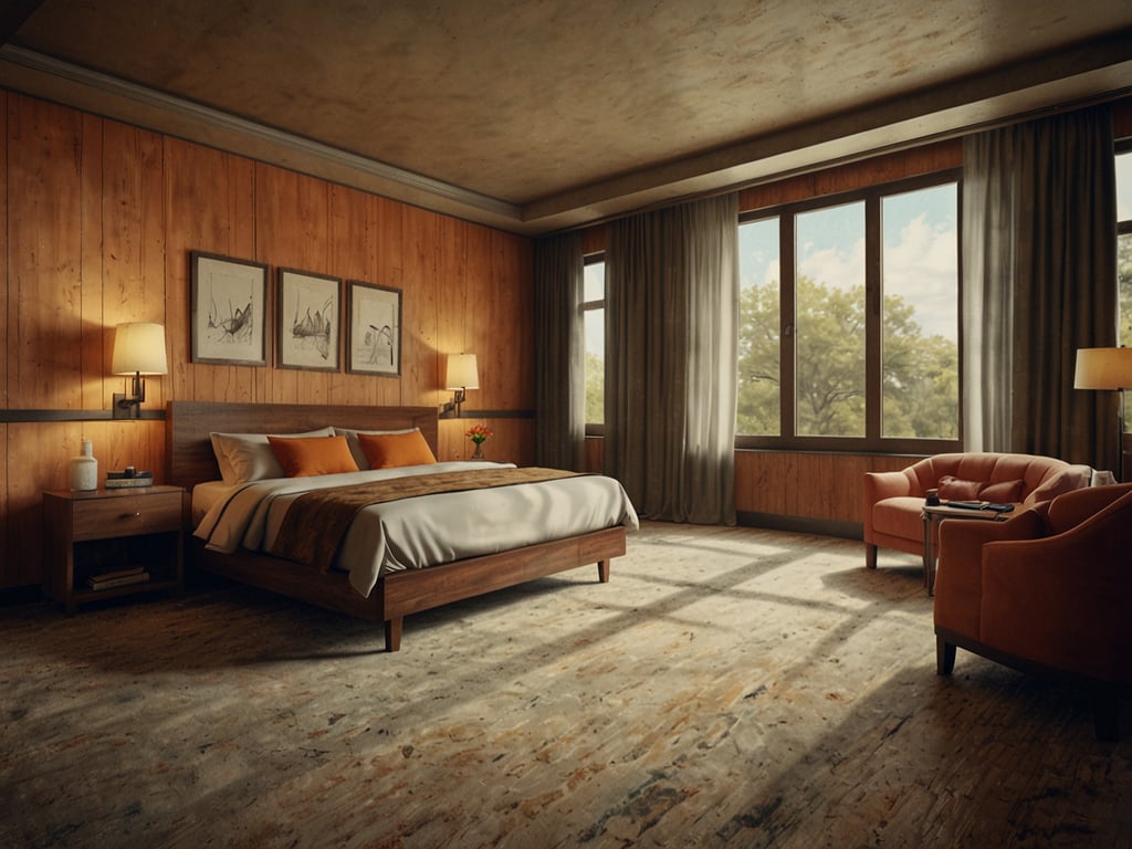 Auf dem Bild ist ein gemütliches Schlafzimmer zu sehen, das mit verschiedenen Elementen ausgestattet ist. Es gibt ein großes Bett mit einer grauen Bettdecke und orangefarbenen Kissen. An den Wänden sind Holzvertäfelungen, und die Beleuchtung wird durch zwei Wandlampen und ein Fenster mit Sicht auf die Natur unterstützt. Zu den weiteren Möbeln gehört ein Nachttisch mit einigen Gegenständen und ein bequemer Sessel in roter Farbe. 

Die Vielfältigkeit der Zimmerangebote könnte eine rustikale Atmosphäre mit modernen Annehmlichkeiten umfassen, ideal für entspannende Aufenthalte. Es bietet Platz für eine romantische Auszeit oder einen ruhigen Rückzugsort.