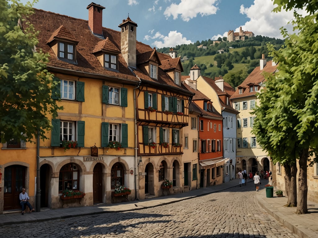 Auf dem Bild sind charmante, bunt gestrichene Fachwerkhäuser in einer gemütlichen Straße zu sehen. Die Architektur und das Kopfsteinpflaster vermitteln ein malerisches, historisches Ambiente.

In der Nähe könnten Sehenswürdigkeiten wie die Altstadt von Colmar und das Unterlinden-Museum von Interesse sein. Außerdem bietet die Region Elsass viele kulturelle Veranstaltungen, insbesondere während der Weihnachtszeit mit ihren berühmten Weihnachtsmärkten. Auch das Château du Haut-Koenigsbourg ist ein beliebtes Ausflugsziel in der Umgebung und bietet einen herrlichen Blick auf die Landschaft.