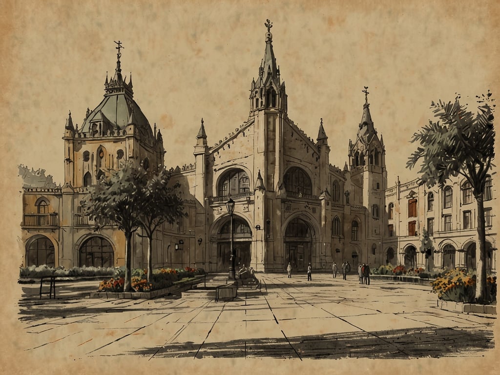 Auf dem Bild ist eine Architektur aus einer zentralen Lage zu sehen, die durch ihre beeindruckenden Türme und die detaillierte Fassade auffällt. Die Umgebung ist von Bäumen und Blumenbeeten geprägt, was den Platz einladend macht. Die Erreichbarkeit scheint gegeben, da sich mehrere Personen im Bild bewegen, was auf einen lebhaften Ort hinweist. Die Gestaltung des Platzes und der Gebäude lässt vermuten, dass dieser Ort sowohl historisch als auch kulturell bedeutend ist.