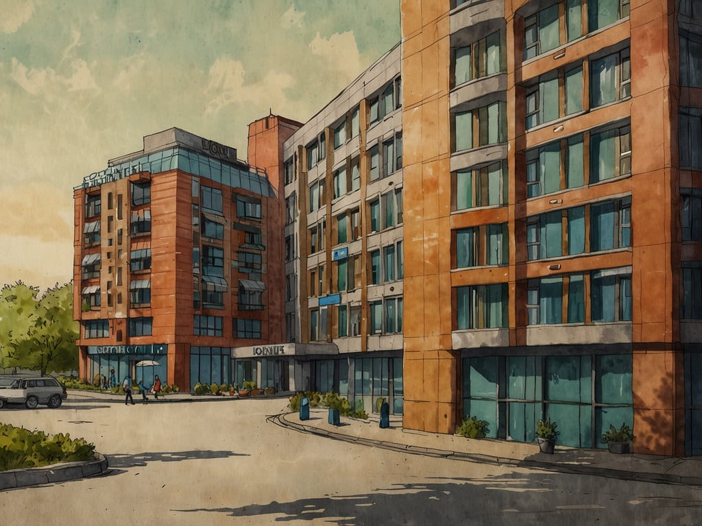 Auf dem Bild ist eine stilisierte Darstellung eines modernen Gebäudes zu sehen, das an das Dorint Hotel Bonn erinnert. Es zeigt eine einladende Architektur mit großen Fenstern und einem klaren, zeitgemäßen Design. Um das Gebäude herum gibt es Grünflächen und eine geschwungene Auffahrt, die zu einem zentralen Rückzugsort für Gäste und Besucher führt. Die Gesamtatmosphäre vermittelt ein Gefühl von Gastfreundschaft und Komfort.