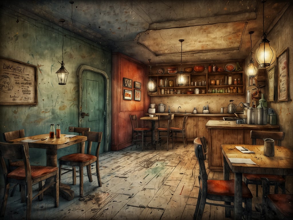 Auf dem Bild ist eine gemütliche, rustikale Restaurantatmosphäre zu sehen, die an das Restaurant Davidis erinnert. Die Wände sind in warmen Farben gehalten und verleihen dem Raum eine einladende Note. Es gibt Holztische und -stühle, die typischerweise in einem kulinarischen Restaurant zu finden sind. 

Das Ambiente scheint ideal für ein entspanntes Essen mit Freunden oder der Familie zu sein. Die sanfte Beleuchtung durch die Hängeleuchten schafft eine angenehme Stimmung, während die Regale im Hintergrund mit verschiedenen Töpfen und Küchenutensilien gefüllt sind, die auf die Liebe zum Detail in der Küche hinweisen. Hier könnte man köstliche Gerichte genießen, die aus frischen Zutaten zubereitet werden, was die Atmosphäre perfekt für ein unvergessliches kulinarisches Erlebnis macht.