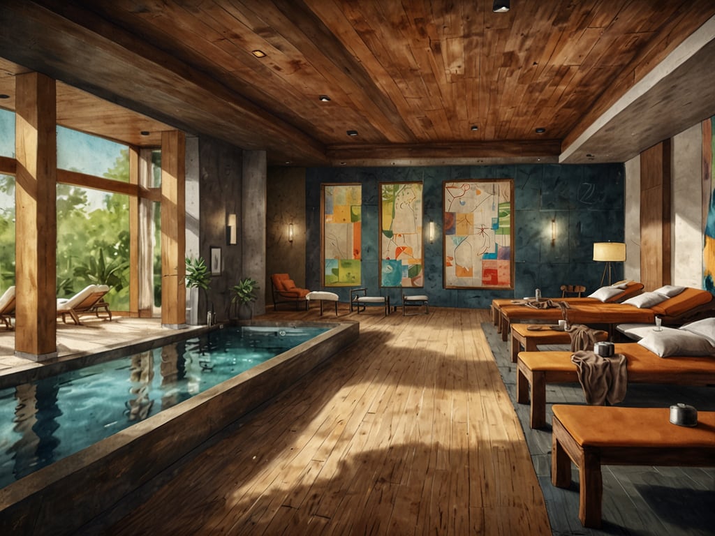 Auf dem Bild ist eine entspannende Wellnessumgebung zu sehen. Der Raum hat einen modernen, rustikalen Stil mit Holzelementen und großen Fenstern, die viel Tageslicht hereinlassen. Es gibt einen kleinen Pool, Sonnenliegen und dekorative Pflanzen. 

Zusätzliche Annehmlichkeiten für einen entspannten Aufenthalt könnten Massageservices, beruhigende Musik, Aromatherapie, gesunde Snacks und entspannende Getränke wie Kräutertee oder frisch gepresste Säfte umfassen. Solche Ergänzungen schaffen eine harmonische Atmosphäre und fördern das Wohlbefinden der Gäste.