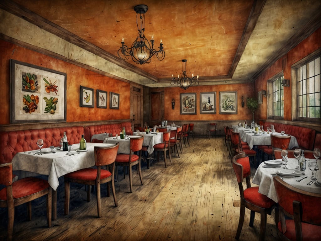 Auf dem Bild sieht man ein elegantes Restaurant mit einer warmen, einladenden Atmosphäre. Die Wände sind in einem sanften Orange gehalten und mit stilvollen Bildern von Obst und Gemüse dekoriert. Die Tische sind mit weißen Tischdecken gedeckt und mit Glaswaren, Tellern und Besteck eingedeckt, was auf ein sorgfältig vorbereiteter Dinner-Set hinweist. 

Im Dorint Hotel könnte man in einem solch atmosphärischen Raum kulinarische Genüsse wie lokale Spezialitäten oder internationale Küche genießen. Die Kombination aus ansprechendem Ambiente und hochwertiger Gastronomie sorgt für ein unvergessliches kulinarisches Erlebnis.