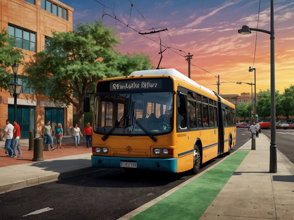 Auf dem Bild ist ein gelber Bus zu sehen, der an einer Haltestelle steht. Die Umgebung scheint urban zu sein, mit mehreren Menschen, die auf dem Bürgersteig spazieren. Es gibt Bäume und Gehwege, die das Stadtbild auflockern. 

**Ideal gelegen: Verkehrsanbindung und Umgebung**  
Die Verkehrsanbindung ist durch die Präsenz des Busses offensichtlich, der direkte Zugang zu öffentlichen Verkehrsmitteln bietet. Die Stadtumgebung ist lebhaft, mit Geschäften und Fußgängern, was eine attraktive und belebte Atmosphäre schafft. Die Kombination aus Bäumen und Gehwegen trägt zur Attraktivität für Fußgänger bei und macht die Umgebung einladend.