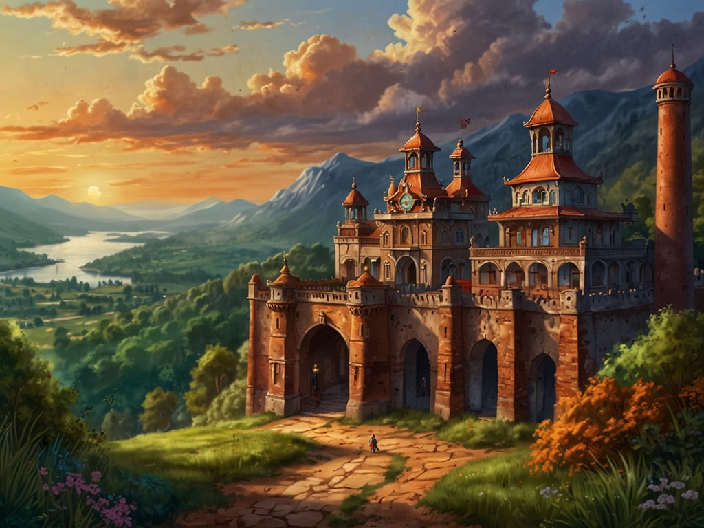 Auf dem Bild ist ein majestätisches Schloss oder eine Burg zu sehen, das malerisch in einer hügeligen Landschaft liegt. Im Vordergrund führt ein geschwungener Weg zum Eingang des Bauwerks, während eine Person in der Nähe steht. 

Der Hintergrund zeigt eine üppige Natur mit Bäumen und Blumen sowie einen Fluss, der durch das Tal fließt, und majestätische Berge, die sich am Horizont erheben. Der Himmel ist mit sanften, orangefarbenen und blauen Tönen gefärbt, was auf einen wunderschönen Sonnenuntergang hinweist. 

Dieses Bild vermittelt eine ideale Lage für Erkundungen, da die Umgebung sowohl die Schönheit der Natur als auch die historische Architektur des Schlosses in harmonischem Einklang zeigt. Es lädt dazu ein, die Landschaft zu erkunden, Wanderungen zu unternehmen und die Atmosphäre vergangener Zeiten zu genießen.