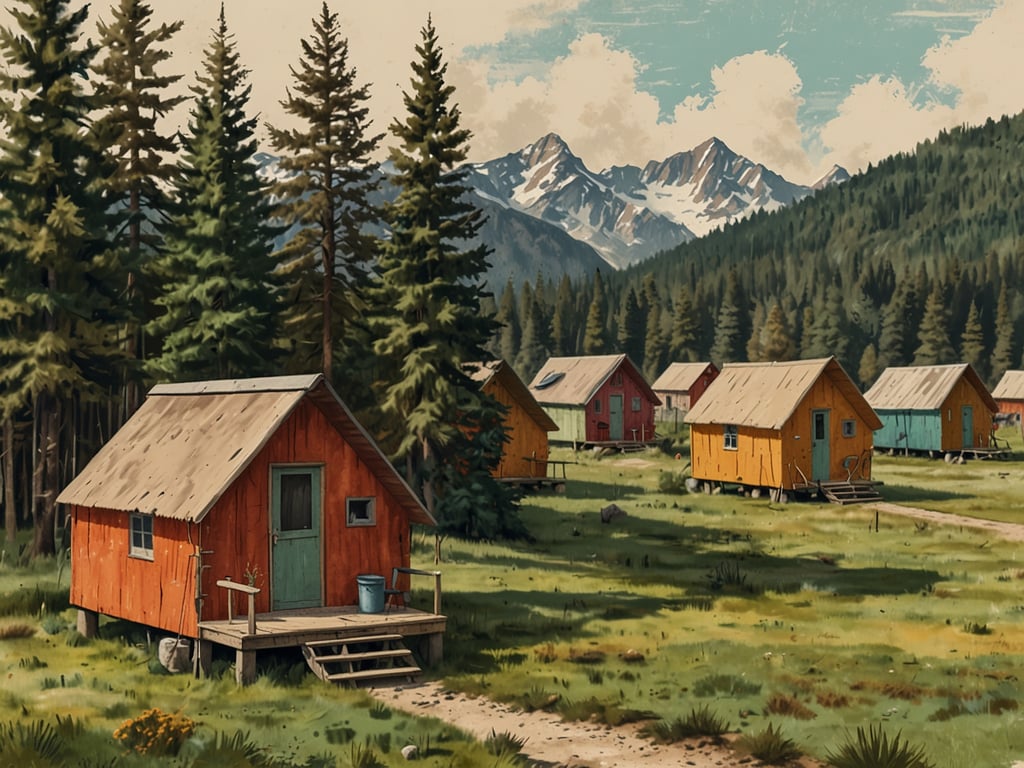 Auf dem Bild sind mehrere kleine, bunte Hütten zu sehen, die in einer malerischen Landschaft stehen. Diese Hütten sind unterschiedlich gefärbt und liegen in einer grünen Wiese, umgeben von hohen Bäumen und majestätischen Bergen im Hintergrund. Die Szene vermittelt eine rustikale Atmosphäre und bietet vielfältige Unterkunftsmöglichkeiten, wie zum Beispiel:

1. **Hütten für Naturliebhaber**: Ideal für Menschen, die die Natur genießen und einen ruhigen Rückzugsort suchen.
2. **Gruppenunterkünfte**: Mehrere Hütten könnten für Freundesgruppen oder Familien ausgelegt sein, die gemeinsam Zeit verbringen möchten.
3. **Ferienhäuser**: Attraktiv für Urlauber, die einen gemütlichen Aufenthalt in einer ländlichen Umgebung wünschen.
4. **Ökologische Unterkünfte**: Die einfachen Hütten könnten umweltbewusste Reisende ansprechen, die nachhaltig leben möchten.

Insgesamt bietet die Umgebung zahlreiche Möglichkeiten für verschiedene Unterkunftsarten in der Natur.