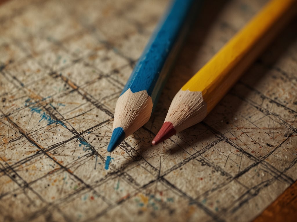 Auf dem Bild sind zwei Farbstifte zu sehen, ein blauer und ein gelber, die auf einem Papier mit einem gitterartigen Muster liegen. Das Bild vermittelt eine kreative Atmosphäre und lädt dazu ein, die eigene Fantasie zu nutzen. 

Die Farbwahl wirkt frisch und ansprechend, was möglicherweise positive Bewertungen von Gästen hervorrufen könnte, die den Anblick inspirierend finden. Die einfache Komposition könnte als gut ausbalanciert angesehen werden, was das Wohlbefinden fördert und die Neugier auf kreative Aktivitäten weckt.