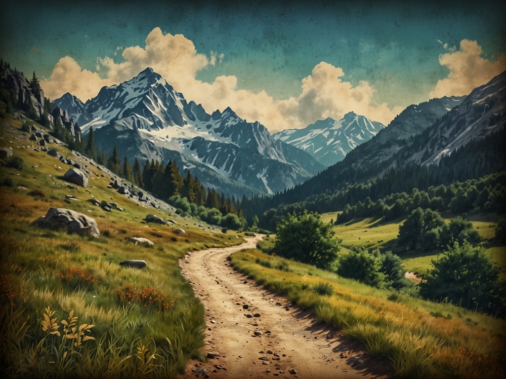 Auf dem Bild ist eine malerische Landschaft mit einem geschwungenen Weg zu sehen, der durch eine grüne Wiese führt. Im Hintergrund erheben sich majestätische Berge, deren Spitzen mit Schnee bedeckt sind. Diese Szenerie strahlt eine erholsame Stimmung aus und erinnert an eine ruhige Lage im Taunus, wo die Natur zum Entspannen und Wandern einlädt. Wolken bewegen sich sanft am Himmel, und die Umgebung wirkt idyllisch und friedlich.