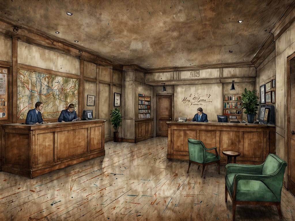 Auf dem Bild ist die Empfangshalle eines Hotels oder einer Unterkunft zu sehen. Es gibt mehrere Empfangstresen, an denen Mitarbeiter beschäftigt sind, sowie eine gemütliche Sitzecke mit grünen Stühlen und einem kleinen Tisch. An der Wand hängt eine Karte, die möglicherweise zur Orientierung dient.

Für einen unbeschwerten Aufenthalt könnten folgende Serviceleistungen angeboten werden:

1. **Rezeption rund um die Uhr**: So können Gäste jederzeit ein- und auschecken.
2. **Concierge-Service**: Für Empfehlungen zu Sehenswürdigkeiten, Restaurants oder Transportmöglichkeiten.
3. **Kostenloses WLAN**: Damit Gäste online bleiben können.
4. **Frühstücksservice**: Ein leckeres Frühstück, um gut in den Tag zu starten.
5. **Zimmerservice**: Für Mahlzeiten oder Snacks bequem im Zimmer.
6. **Gepäckaufbewahrung**: Damit Gäste ihr Gepäck sicher unterbringen können, selbst wenn sie schon ausgecheckt haben.
7. **Reinigungsservice**: Für einen sauberen und gepflegten Raum während des Aufenthalts.

Diese Annehmlichkeiten tragen dazu bei, dass der Aufenthalt angenehm und stressfrei verläuft.