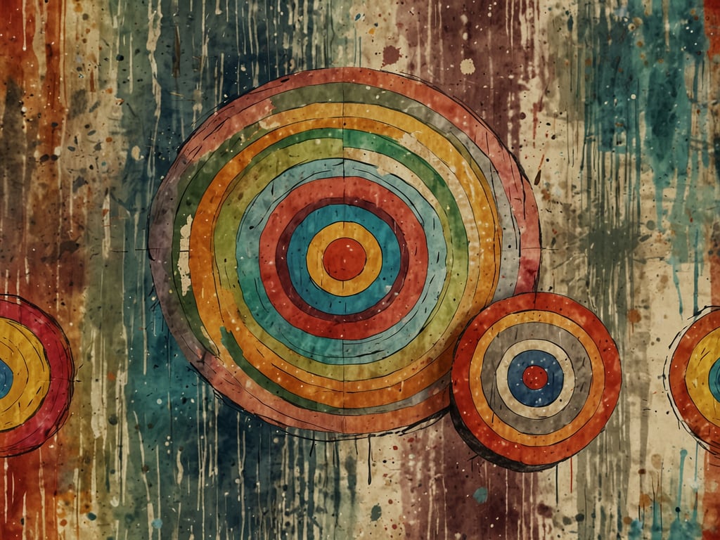 Auf dem Bild sind mehrere konzentrische Kreise zu sehen, die in verschiedenen Farben gestaltet sind. Die Farben reichen von kräftigen Tönen bis hin zu sanften Nuancen und sind auf einem strukturierten Hintergrund angeordnet, der mit Farbklecksen und Spritzern verziert ist. 

Dieses Motiv kann unterschiedlichen Zielgruppen und Nutzungsmöglichkeiten dienen:

1. **Kunstliebhaber**: Das Bild kann als dekoratives Element in einer Galerie oder einem privaten Raum verwendet werden.

2. **Einrichtungsdesign**: Es eignet sich hervorragend als Wandkunst in Wohn- oder Arbeitsbereichen, um eine kreative und einladende Atmosphäre zu schaffen.

3. **Bildung**: Lehrer könnten das Bild verwenden, um Konzepte wie Symmetrie und Farblehre zu erklären.

4. **Marketing**: Unternehmen könnten das Motiv in Werbematerialien verwenden, um Aufmerksamkeit zu erregen und einen dynamischen Eindruck zu vermitteln.

5. **Kreative Projekte**: Designer könnten das Bild als Inspiration für verschiedene kreative Arbeiten, wie z.B. Illustrationen oder Graphiken, verwenden.

Insgesamt bietet das Bild eine Vielzahl von Anwendungsmöglichkeiten, die sich an unterschiedliche Interessen und Bedürfnisse richten.