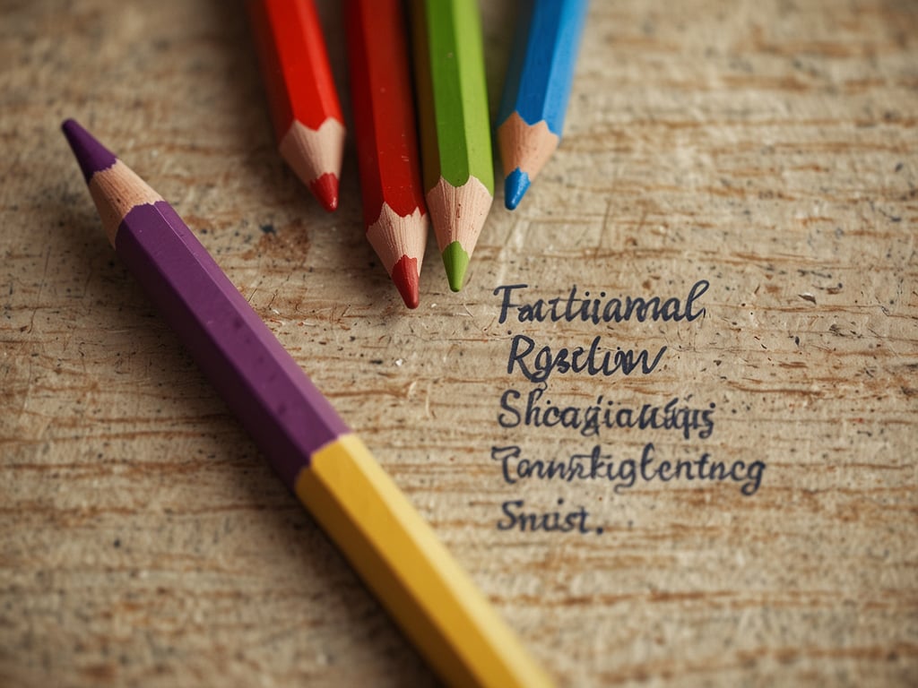 Auf dem Bild sind bunte Buntstifte zu sehen, die auf einer hölzernen Oberfläche liegen. Die Farben umfassen lila, gelb, rot, grün und blau. Daneben befindet sich eine handschriftliche Notiz. 

In Bezug auf die Zufriedenheit der Gäste könnte man sagen, dass kreative Materialien wie Buntstifte oft die Vorfreude und Kreativität fördern, was in Bewertungen positiv hervorgehoben wird. Menschen schätzen kreative Ausdrucksmöglichkeiten und die Möglichkeit, ihren Ideen freien Lauf zu lassen.