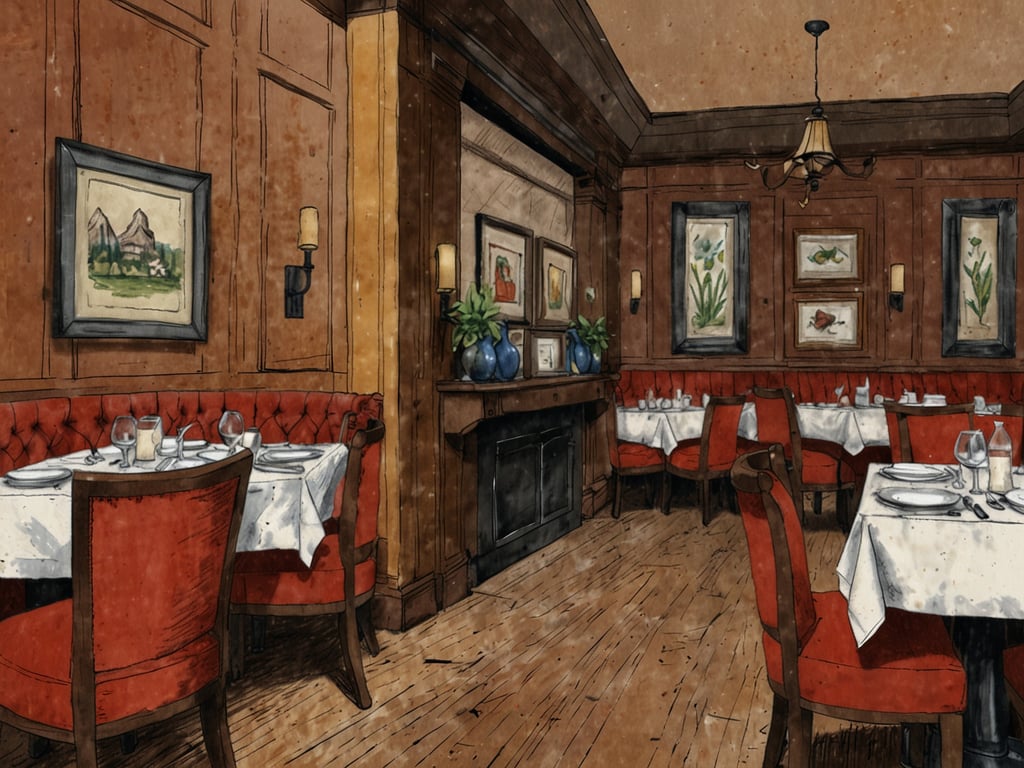 Auf dem Bild ist ein gemütliches Restaurant mit eleganter Innenausstattung zu sehen. Der Raum hat eine warme Holzvertäfelung und rot gepolsterte Stühle, die eine einladende Atmosphäre schaffen. Vor den Tischen sind weiße Tischdecken sowie Geschirr und Gläser gedeckt.

Im Dorint Hotel könnten hier kulinarische Spezialitäten wie regionale Gerichte, saisonale Menüs oder ein exquisites Frühstücksbuffet angeboten werden. Möglicherweise gibt es auch kreative Cocktails und erlesene Weine, um das kulinarische Erlebnis abzurunden.