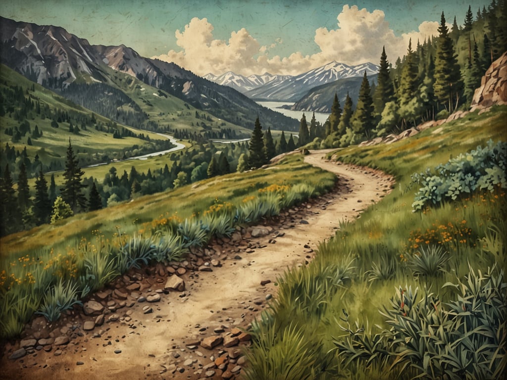 Auf dem Bild ist eine malerische Landschaft zu sehen, die von sanften Hügeln, Bergen und einem klaren Fluss geprägt ist. Der Weg, der durch die Wiese führt, lädt zum Wandern und Erkunden ein. 

In dieser Umgebung gibt es viele Aktivitäten und Attraktionen, wie zum Beispiel:

1. **Wanderungen**: Die Umgebung bietet zahlreiche Wanderwege für unterschiedliche Schwierigkeitsgrade.
2. **Naturfotografie**: Die atemberaubende Landschaft eignet sich hervorragend für Fotografen, die die Schönheit der Natur festhalten möchten.
3. **Radfahren**: Es gibt Wege, die perfekt für Mountainbiking geeignet sind.
4. **Picknicks**: Die grünen Wiesen bieten ideale Plätze für ein Picknick in der Natur.
5. **Angeln**: Am Fluss gibt es Möglichkeiten, das Angeln zu genießen.
6. **Tierbeobachtung**: In dieser Region kann man oft Wildtiere in ihrem natürlichen Lebensraum beobachten.

Das Bild vermittelt ein Gefühl von Ruhe und lädt dazu ein, die Natur zu genießen.