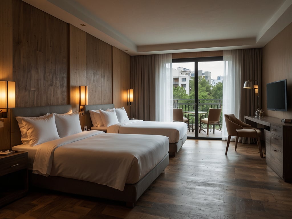 Auf dem Bild ist ein modernes Hotelzimmer zu sehen, das hell und einladend gestaltet ist. Es gibt zwei große Betten mit weißen Bettwäsche und kissen, die für eine komfortable Nachtruhe sorgen. Die Wände sind mit Holzverkleidungen dekoriert, was eine warme Atmosphäre schafft. 

Gästeberichte loben häufig die großzügige Raumaufteilung und die stilvolle Einrichtung. Viele finden die Möbel, wie den Schreibtisch und die Stühle, sowohl bequem als auch praktisch. Das große Fenster sorgt für viel Tageslicht und bietet einen schönen Blick auf die Umgebung, was von den Gästen ebenfalls positiv bewertet wird. Zudem wird oft erwähnt, dass die ruhige Lage des Zimmers eine entspannende Nachtruhe ermöglicht. 

Insgesamt scheint das Zimmer ideal für Geschäftsreisende und Urlauber zu sein, die Wert auf Komfort und modernes Design legen.