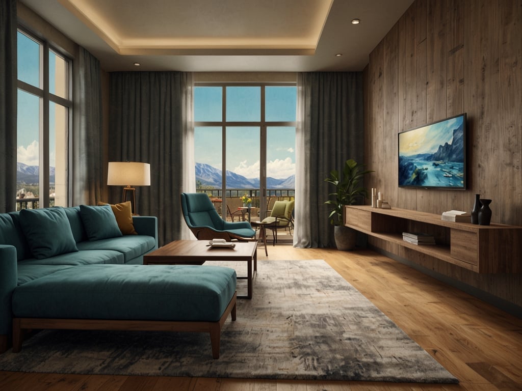 Auf dem Bild ist ein stilvoll eingerichteter Wohnraum zu sehen, der eine helle und einladende Atmosphäre vermittelt. Die Ausstattung umfasst ein modernes Sofa mit Kissen, einen eleganten Couchtisch, einen Fernseher und eine gemütliche Leselampe. Große Fenster lassen viel Tageslicht herein und bieten einen Blick auf die Landschaft.

Im Dorint Hotel Kö59 können Gäste ähnliche Annehmlichkeiten erwarten, darunter komfortable Zimmer mit moderner Ausstattung, kostenloses WLAN, ein Fitnessbereich sowie ein erstklassiges Restaurant. Zudem werden oft Konferenzräume und andere Serviceangebote für Geschäftsreisen bereitgestellt.