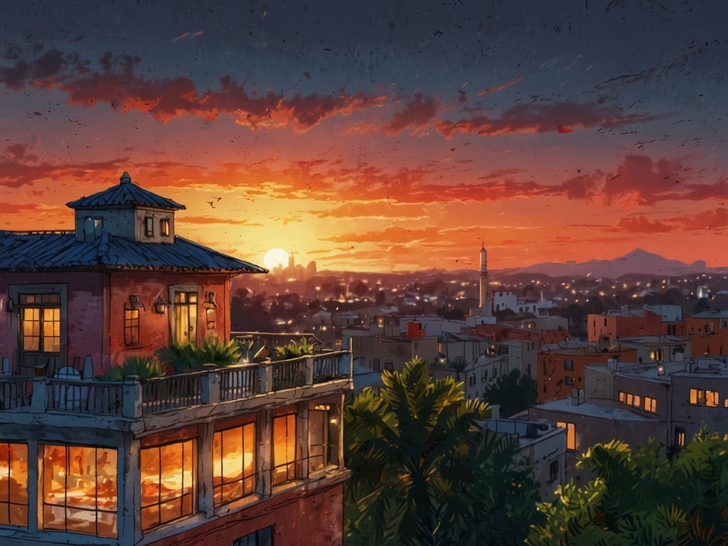 Auf dem Bild ist eine wunderschöne Abendlandschaft zu sehen, in der die Sonne hinter den Gebäuden untergeht und den Himmel in warmen Farben erleuchtet. Besonders geeignet für ein Hotel könnten folgende Veranstaltungen und Angebote sein:

1. **Sonnenuntergangs-Dinner**: Ein romantisches Dinner auf der Dachterrasse mit Blick auf den Sonnenuntergang. Genießen Sie exquisite Gerichte und erlesene Weine.

2. **Fotografie-Workshops**: Angebote für Gäste, die lernen möchten, Sonnenuntergänge und die umliegende Landschaft festzuhalten.

3. **Kurze Stadtführungen**: Angebote für abendliche Stadtführungen, um die Schönheit der Umgebung bei Dämmerung zu erleben und interessante Fakten über die Stadt zu erfahren.

4. **Cocktail-Abende**: Besondere Veranstaltungen mit einem Mix von Cocktails, ideal um die Stimmung während des Sonnenuntergangs zu genießen.

Diese Angebote könnten dazu beitragen, den Aufenthalt der Gäste unvergesslich zu machen und die malerische Kulisse optimal zu nutzen.