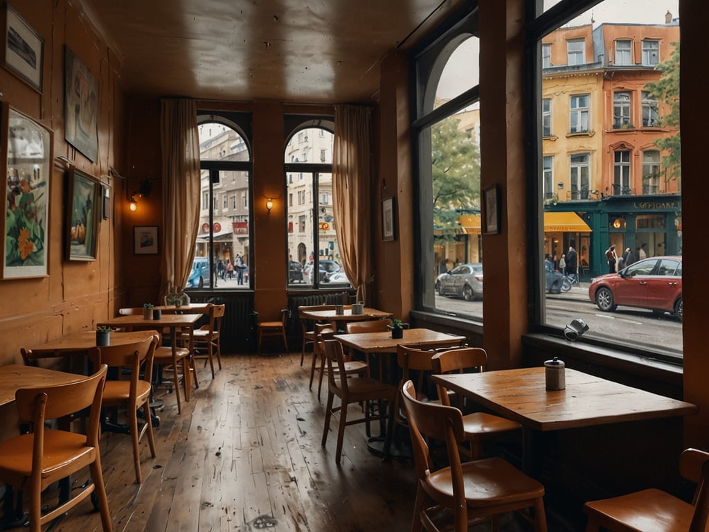 Auf dem Bild ist eine gemütliche Innenansicht eines Cafés oder Restaurants zu sehen. Die Wände sind in warmen Tönen gehalten und mit Kunstwerken dekoriert. Große Fenster erlauben einen Blick auf die Straße, wo Passanten und Fahrzeuge unterwegs sind. Außerhalb des Fensters erkennt man bunte Fassaden von Häusern und Geschäften, die zur einladenden Atmosphäre beitragen.

Um die Umgebung des Dorint Hotels Kö59 zu erkunden, könnte man diese Art von Lokalität als idealen Stop für eine Kaffeepause oder eine leichte Mahlzeit betrachten. Die Nähe zu Einkaufsmöglichkeiten und kulturellen Sehenswürdigkeiten macht den Ort besonders attraktiv für Hotelgäste, die die entspannte Atmosphäre und die gute Erreichbarkeit nutzen möchten. In der Umgebung finden sich zahlreiche Restaurants, Boutiquen und Orte, die zum Bummeln einladen.