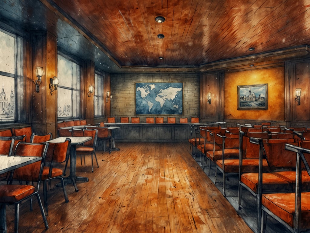 Auf dem Bild ist ein eleganter Raum zu sehen, der sich ideal für Meetings und Veranstaltungen eignet. Die Kombination aus Holzdecke und warmen Farben schafft eine einladende Atmosphäre. Die großen Fenster sorgen für ausreichend Tageslicht, während die Wände mit Kunstwerken dekoriert sind, die dem Raum Charakter verleihen. 

Die Bestuhlung ist funktional und bietet Platz für Diskussionen oder Vorträge. Der große Tisch in der Mitte könnte als Arbeitsfläche oder Präsentationsbereich genutzt werden. Insgesamt bietet der Raum perfekte Voraussetzungen für produktive Meetings und Events.