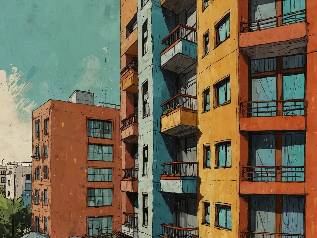Auf dem Bild sind moderne Wohngebäude zu sehen, die in lebhaften Farben gestaltet sind. Diese modernen Unterkünfte im Herzen von Leipzig bieten eine urbane Atmosphäre mit Balkonen und großen Fenstern, die viel Licht hereinlassen. Die stilisierte Darstellung vermittelt einen zeitgemäßen Eindruck dieser Wohnanlagen.