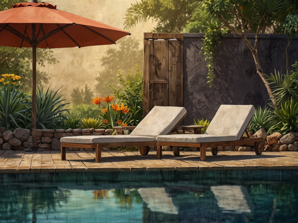 Auf dem Bild sind bequeme Liegen am Rand eines Pools zu sehen, umgeben von üppiger Vegetation und bunten Blumen. Der sonnige Bereich mit einem großen Schirm lädt zum Entspannen und Sonnenbaden ein. 

Aktivitäten und Freizeitgestaltungen rund um das Hotel könnten Folgendes umfassen:

1. **Schwimmen**: Nutzen Sie den Pool für eine erfrischende Abkühlung.
2. **Sonnenbaden**: Entspannen Sie sich auf den Liegen mit einem guten Buch oder genießen Sie die Sonne.
3. **Gartenwanderungen**: Erkunden Sie die hübsch gestaltete Gartenlandschaft und genießen Sie die Natur.
4. **Cocktail- oder Snackservice**: Viele Hotels bieten Getränke und Snacks am Pool an, perfekt für eine kleine Erfrischung.
5. **Yoga- oder Meditationssessions**: In ruhigen Umgebungen am Pool oder im Garten können entspannende Aktivitäten durchgeführt werden.
6. **Spiele im Freien**: Nutzen Sie die Freiflächen für Gesellschaftsspiele oder einfach zum Relaxen. 

Das Ambiente bietet viele Möglichkeiten, den Urlaub zu genießen und die Freizeit sinnvoll zu gestalten.